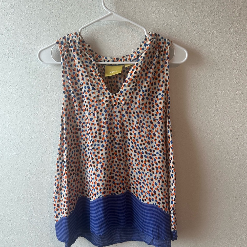 Maeve Multicolor Polka Dot Blouse with Blue Hem